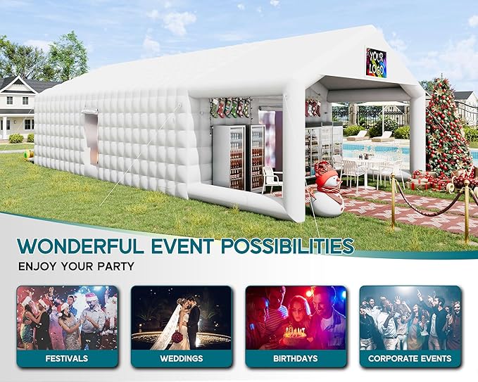 SPECRAFT 39x20x14 FT Large Inflatable Nightclub Tent for Adults with Pavilion Rest Area, Black Inflatable Night Club Gazebo with 2 Side Doors & Logo Area for Wedding, Birthday, Backyard Events, White