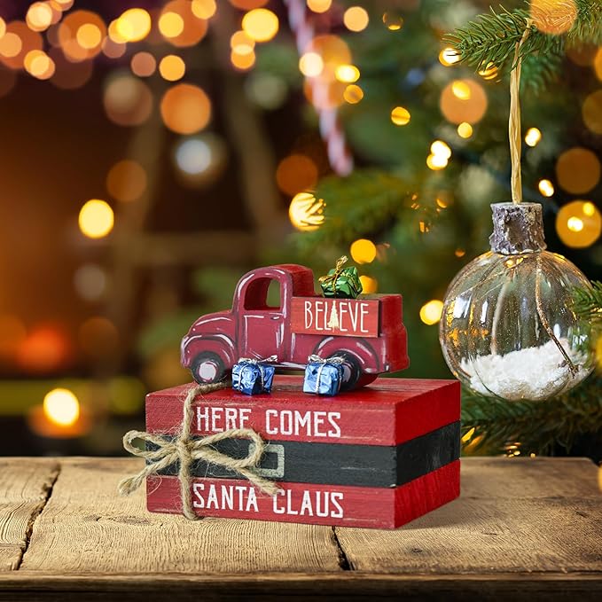 Smile Christmas Wooden Books Stack, Santa Claus Belt Sleigh Faux Books Bundle, Rustic Tiered Tray indoor Decorations, for Home Kitchen Table Mantle Shelf