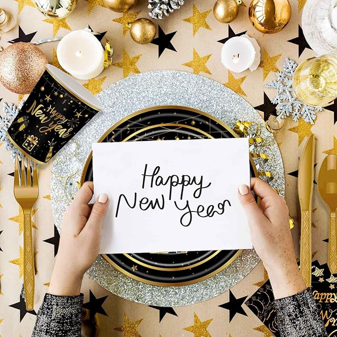 170 Pcs Happy New Year Disposable Tableware Set 2026 Happy New Year Eve Party Supplies, Disposable Tablecloth, Paper Cup, Plates for 24 Guests 2026 NYE Dinner Supplies, Black, Gold