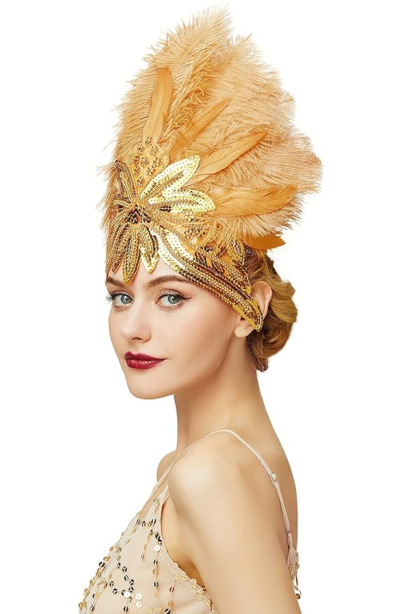 BABEYOND Carnival Feather Headpiece Showgirl Pageant Headband Women's 1920s Flapper Headband (Gold)