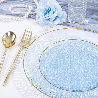 SUT 36Pcs Blue Plastic Plates, Hammered Plates Disposable Heavy Duty, Blue Disposable Plates With Gold Rim, Fancy Plastic plates Include 18 Dinner and 18 Dessert plates for Wedding