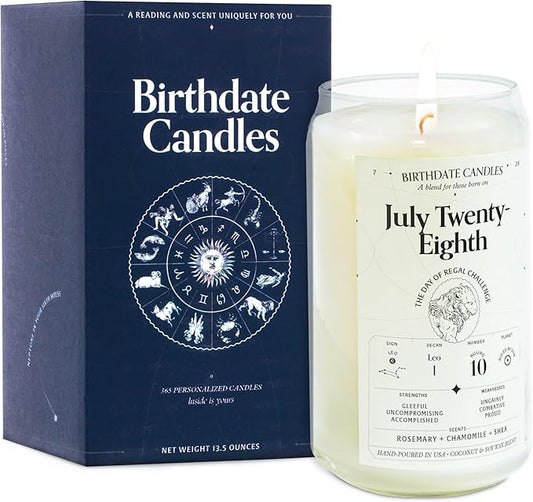 Birthdate Candles, July 28 - Leo Zodiac Scented Candles Birthday Gift - Rosemary, Chamomile & Shea Scent - All-Natural Soy & Coconut Wax, 60-80 Hour Burn Time - Made in USA