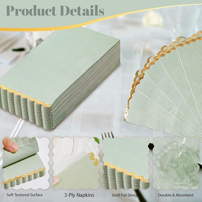 50 Sage Green Paper Napkins Decorative, Gold Foil Scalloped Edged Guest Napkins Disposable, Dinner Napkins for Wedding, Shower Baby, Birthday Parties Supplies(4 x 8 In, Sage Green)