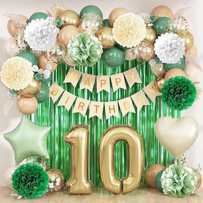 Sage Green 10th Birthday Decorations for Boys Girls Gold Number 10 Balloon Nude Gold Happy Birthday Banner Fringe Curtain Paper Pom Poms Olive Green Cream White Sand Star Foil Balloons Party Decor
