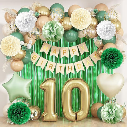 Sage Green 10th Birthday Decorations for Boys Girls Gold Number 10 Balloon Nude Gold Happy Birthday Banner Fringe Curtain Paper Pom Poms Olive Green Cream White Sand Star Foil Balloons Party Decor