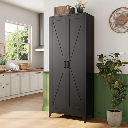 Letaya 75" H Metal Storage Cabinet with 2 Doors and 4 Shelves,Tall Kitchen Pantry Cabinets,Farmhouse Utility Pantry Organizers for Cupboard/Dining/Bathroom/Home Office/Garage Room,Black