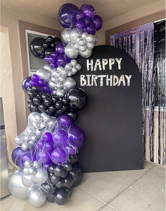 162pcs Purple and Black Balloons Garland Arch Kit, Metallic Purple Silver Black and Confetti Balloons in Different Sizes for Halloween Wednesday Vampire Theme Birthday Party Decorations