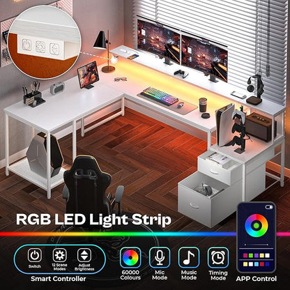 PRAISUN 66" L Shaped Gaming Desk with LED Lights & Power Outlets, Computer Desk with Fabric Drawers and Print Stand, Corner Office Desk, Monitor Stand, Mesh CPU Stand, White