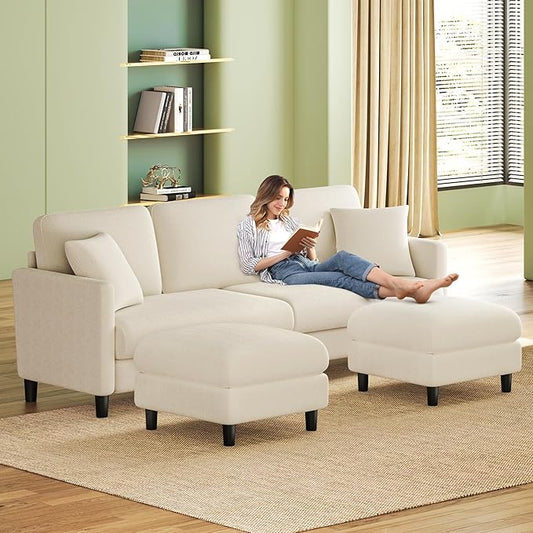 83" Couches for Living Room, Comfy Sofas for Living Room with Storage Ottomans, Teddy Sofa Couch, Tool-Free Loveseat Sofa, All-Wood Love Seat Couches, U Shaped Couch 2 Pillow Included, Beige