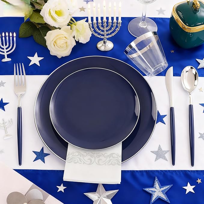 KIRE 175Pcs Blue Plastic Plates with Silver Rim & Disposable Silverware with Blue Handle & Silver-rim Cups & Hand Napkin & Plastic Dinnerware for Hanukkah/Parties/Wedding