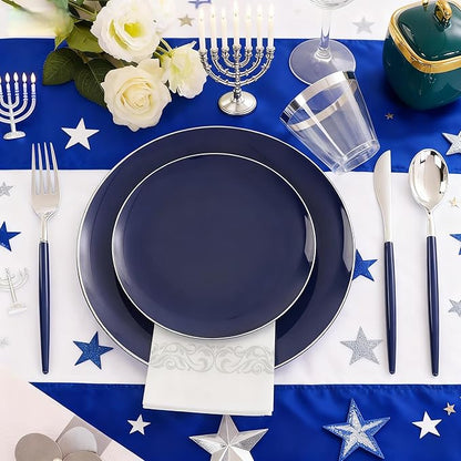 KIRE 175Pcs Blue Plastic Plates with Silver Rim & Disposable Silverware with Blue Handle & Silver-rim Cups & Hand Napkin & Plastic Dinnerware for Hanukkah/Parties/Wedding