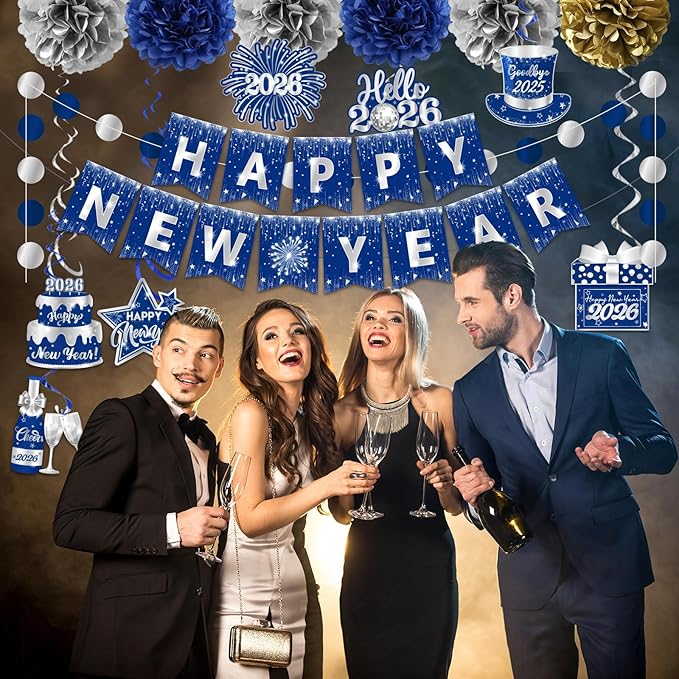 Blue New Years Decorations 2026, NYE Party Supplies includes Happy New Year Banner Hanging Swirls and Blue and Silver Tissue Pom Poms, New Year Hanging Swirls for Indoor Outdoor Classroom Office