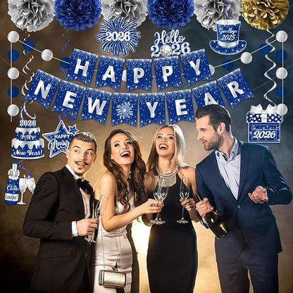 Blue New Years Decorations 2026, NYE Party Supplies includes Happy New Year Banner Hanging Swirls and Blue and Silver Tissue Pom Poms, New Year Hanging Swirls for Indoor Outdoor Classroom Office