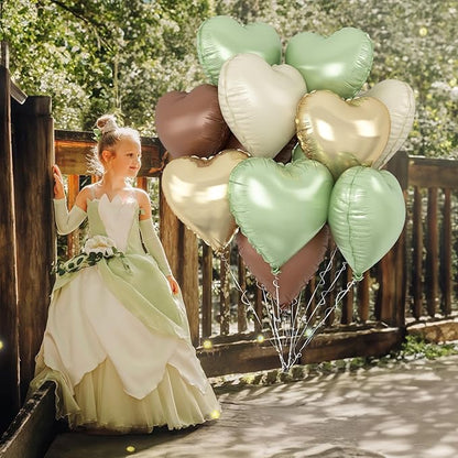 Green Gold Brown Heart Balloons, 12Pcs Retro Green Pastel Gold Beige Coffee Heart Shape Foil Balloons Olive Neutral Tan Cream Balloon for Boho Woodland Birthday Camo Army Hunting Baby Shower