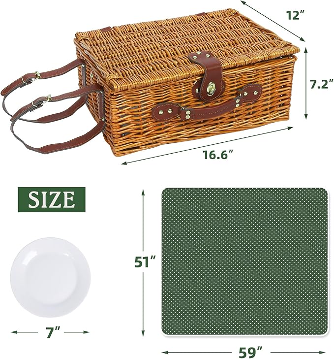 Picnic Basket for 4 Persons with Waterproof Picnic Blanket and Insulated Cooler, Large Wicker Picnic Basket for Camping, Outdoors, Valentine's Day, Christmas, Birthday, Wedding Gift