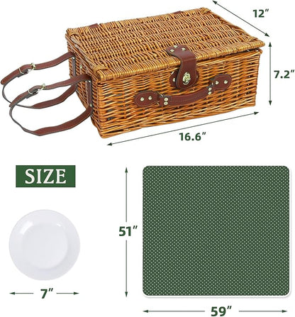 Picnic Basket for 4 Persons with Waterproof Picnic Blanket and Insulated Cooler, Large Wicker Picnic Basket for Camping, Outdoors, Valentine's Day, Christmas, Birthday, Wedding Gift