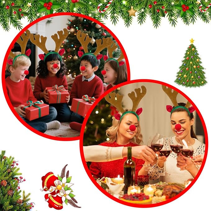YUMUWBL 12 PCS Christmas Reindeer Antlers Headbands with 12 PCS Red Noses, Xmas Headbands Bulk Deer Headband with Ears, Xmas Antlers Hair Hoops for Christmas Party Holiday Decorations