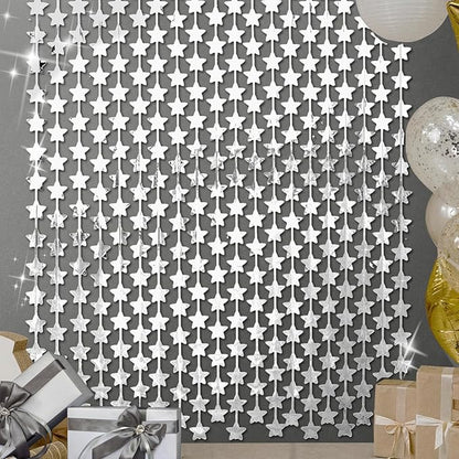 LOLStar 2 Pack Glitter Silver Stars Birthday Decorations 3.3X6.6 ft Each Silver Star Backdrop Foil Fringe Curtains,Perfect for New Year Eve 2026 Twinkle Star Space Celebration Disco Party Decor