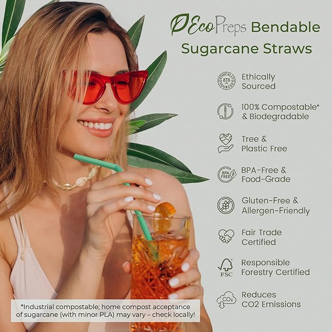 Colorful, Flexible Biodegradable Sugarcane Straws, 120 Count | 100% Compostable, Plastic-Free, Eco-Friendly Drinking Straws for Cold Drinks | 7.8" Bendable, Multi-Color Disposable Straw Set