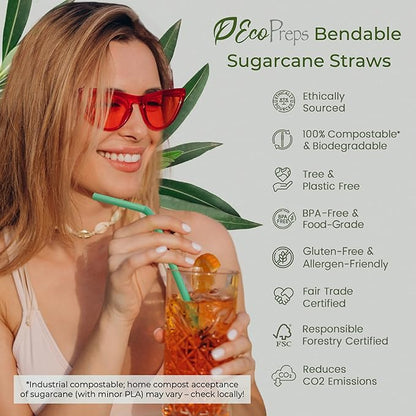 Colorful, Flexible Biodegradable Sugarcane Straws, 120 Count | 100% Compostable, Plastic-Free, Eco-Friendly Drinking Straws for Cold Drinks | 7.8" Bendable, Multi-Color Disposable Straw Set