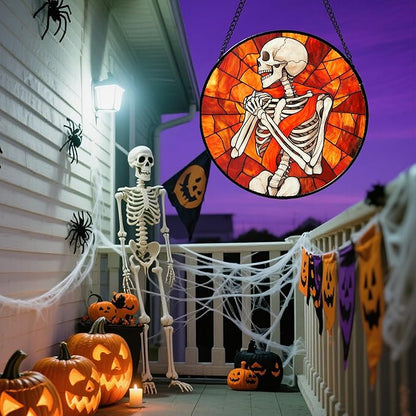 Stained Glass Window Hanging - Halloween Decorations Fear Skeleton Suncatcher for Doors Garden Indoor Spooky Funny Sun Catchers Gothic Decor Horror Gifts for Women Men Friend 11.8 in