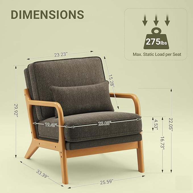 Accent Chair Set of 2 with Solid Wood Frame, Mid-Century Relaxing Armchair Lumbar Pillow& Soft Cushion, Reading Leisure Chair for Living Room, Bedroom, Waiting Room-Green