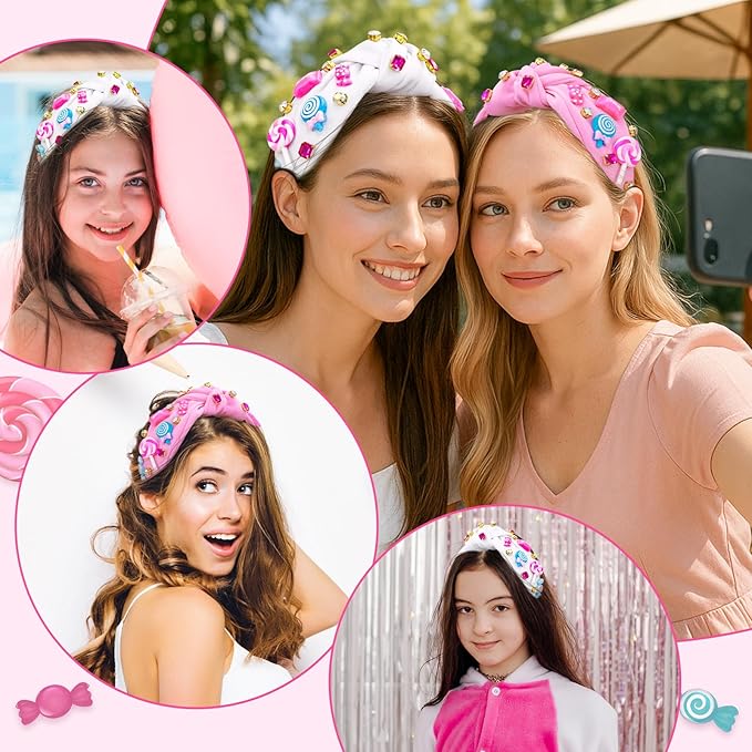 Candy Knotted Headband for Women, Lollipop Sugar Charms Rhinestone Jeweled Embellished Top Knot Wide Cute Headband for Girls, Fashion Hairband Hair Accessories Birthday Holiday Party Gift - Pink