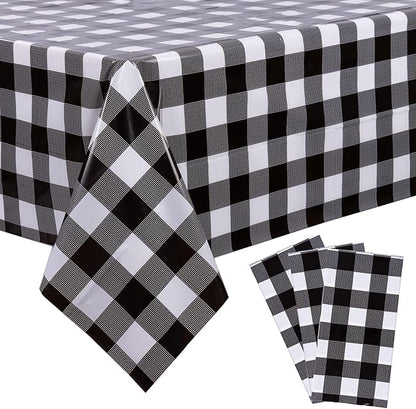 Kesfey 3 Packs Black Gingham Tablecloths 54 x 108 inch Black and White Checkered Tablecloth Disposable Plastic Plaid Picnic Tablecover Waterproof Fall Checkered Table Cloth for Camping Halloween Party