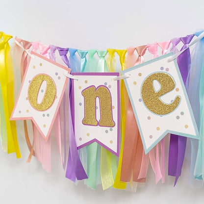 Rainbow High Chair Banner 1st Birthday - Sweet One Highchair Banner, Pastel Rainbow Ribbon Garland Decor for First Birthday Party, Smash Cake, Photo Props