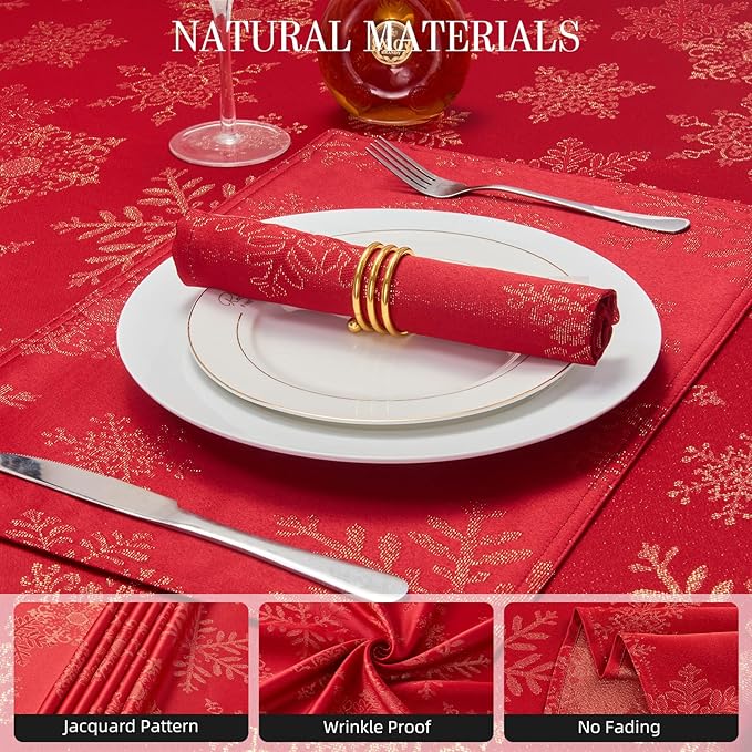 Cloth Napkins Set of 8–Square Jacquard Sparkling Metallic Snowflake Fabric Polyester Washable Reusable Cloth Napkins for Kitchen Dinner Dining Restaurant Wedding Table(Red Gold/17x17 Inch)