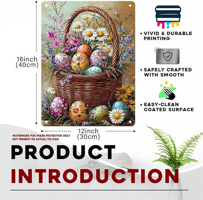 Easter Tin Sign Rabbit Vintage Bunny Party Decor Metal Sign Home Office Living Room Yard Primitive Country Design 12x16Inch