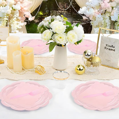 96 Pcs Pink Paper Plates and Napkins Set Party Supplies, Tableware set for 24 Guest include Disposable Pink Scalloped Plates, Napkins and Forks for Baby Shower Bridal Shower Wedding