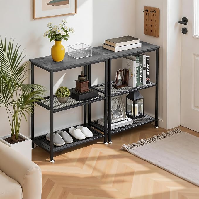 VECELO Tall End Side Tables, 30" Height Nightstand with 3-Tier Storage Shelf for Bedroom Living Room, Easy Assembly,Industrial Style, Carbon Grey