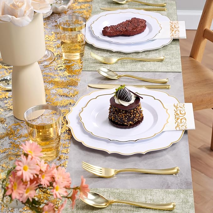 350 PCS Gold Disposable Plates, Scalloped Dinnerware Set for 50 Guests, 100 Plastic Plates, 150 Silverware, 50 Cups & 50 Paper Napkins, Gold