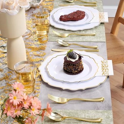 350 PCS Gold Disposable Plates, Scalloped Dinnerware Set for 50 Guests, 100 Plastic Plates, 150 Silverware, 50 Cups & 50 Paper Napkins, Gold