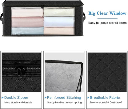 HomeHacks Storage 3-Pack Clothes Organizer Storage Bags Foldable Storage Box with Large Clear Window Sturdy Handles for Closet, Dorm, Pillows, Bedding, Clothes, Blankets, 35L, Black