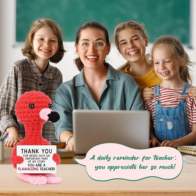 Teacher Gifts for Christmas, Xmas Thank You Gifts for Teacher Women Men, Valentines Day End of Year Gift for Teacher from Student, Birthday Retirement Handmade Crochet Aninals Flamingo Decorations