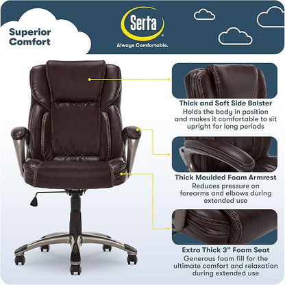 Serta Garret Executive Office Chair, Ergonomic Mid-Back with Lumbar Support, Semi-Plush Cushion and Body Pillows, Padded Armrests, Swivel Base, Bonded Leather, Brown