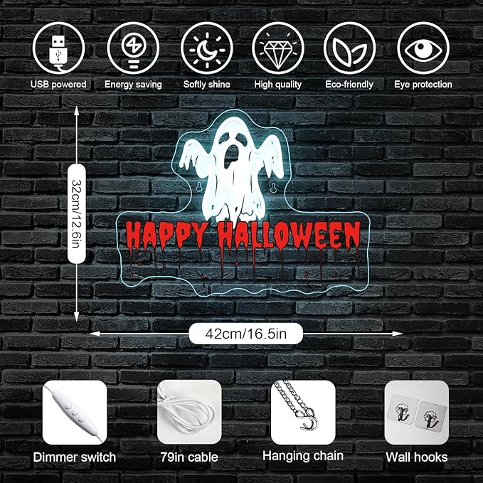 Horseneon Happy Halloween Neon Sign Bright LED Wall Decoration for Bars or Clubs USB Power Adjustable Brightness Ghost Neon Signs for Halloween