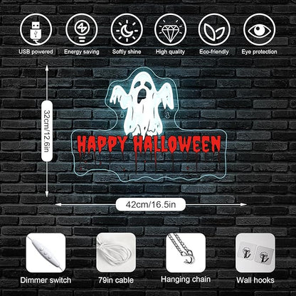 Horseneon Happy Halloween Neon Sign Bright LED Wall Decoration for Bars or Clubs USB Power Adjustable Brightness Ghost Neon Signs for Halloween