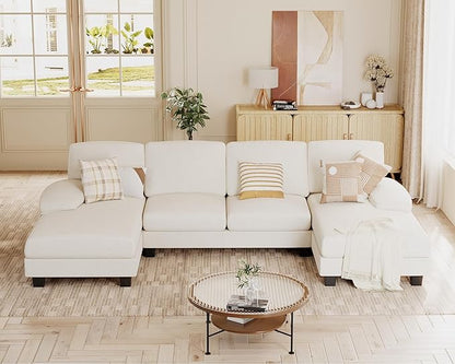 JUMMICO Sectional Couches for Living Room, U Shaped Couch with Chenille Fabric, 4 Seat Modern Sofa with Removable Pillows for Apartment and Small Space (Fabric, White)