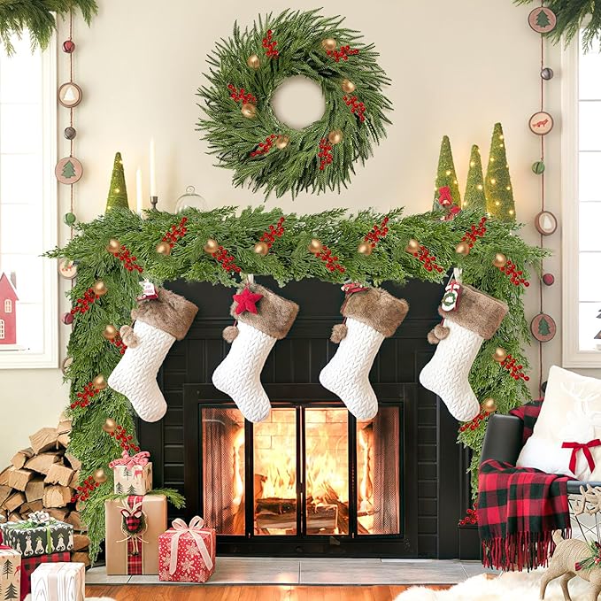 9.8FT Christmas Cedar Garland,Realistic Soft Faux Cedar Garlands,Thickness Pine Garland for Home Fireplace Mantle Table，Indoor Outdoor Christmas Decorations