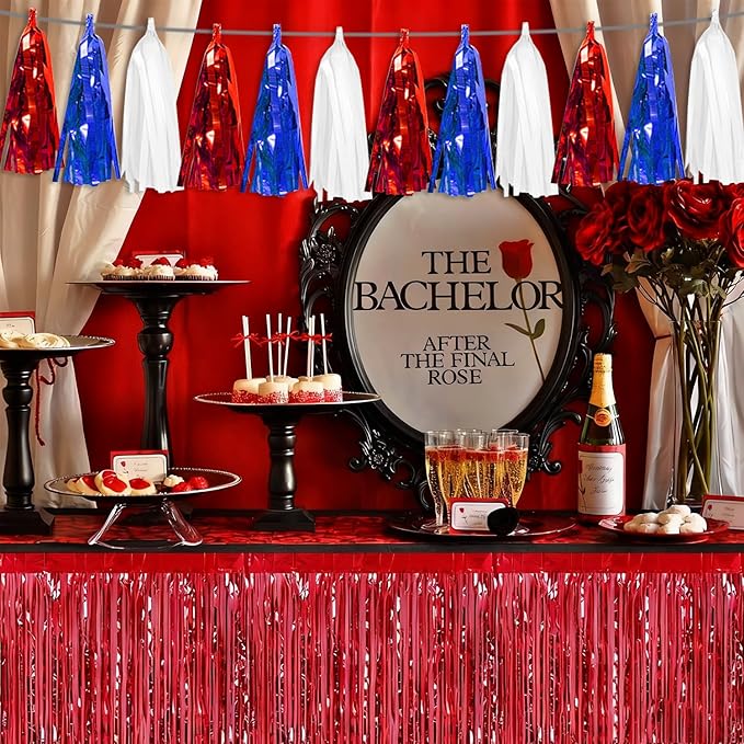 3P White Blue Red Tassel Banner Garland Metallic Foil Fringe Banner Tinsel Streamer Banner Backdrop for Parade Floats Graduation, Independence Day, 4th of july, Patriotic Themed Party Decoration