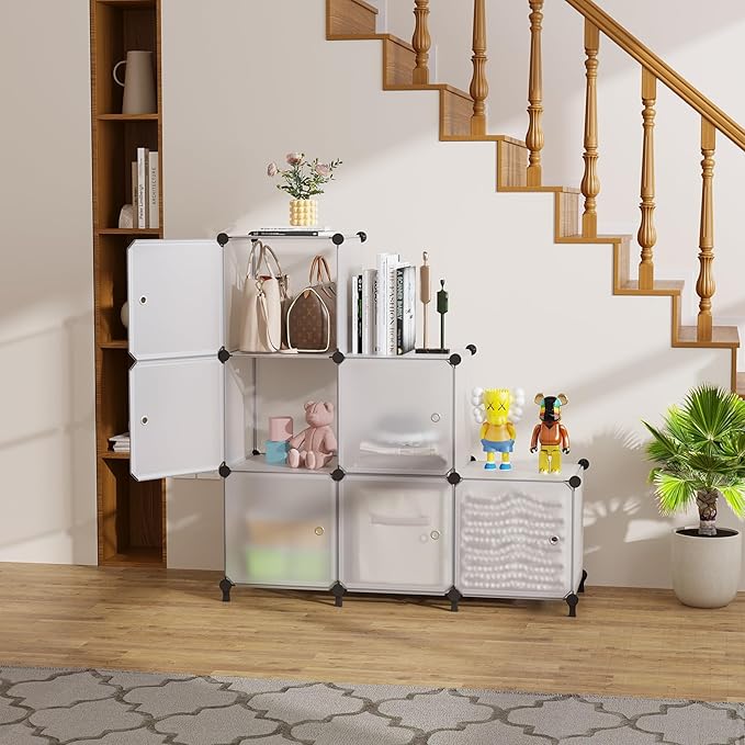 Cube Storage Organizer, 6-Cube Shelves Unit with Doors, DIY Stackable Plastic Clothes Organizer for Bedroom and Under Stairs Storage Unit, 30 x 30 x 30 cm Frosted White ATTSL6003