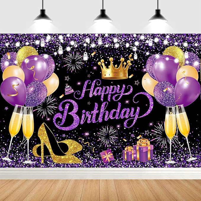 YinQin 180x120 cm Glitter Purple Golden Happy Birthday Party Backdrops Cloth 71x47 inch Photography Bday Backgrounds Black Purple Gold Happy Birthday Sign Banner Decorations for Girl Women