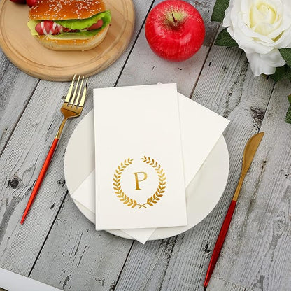 200 Pack Monogrammed Disposable Napkins Gold Foil Letter P Guest Napkins Initial Disposable Hand Paper Towels for Wedding Engagement Baby Shower Party Home Kitchen Bathroom Dinner Decorative Towels