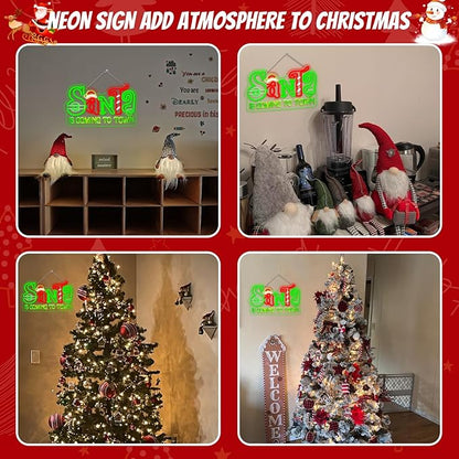 Horseneon Christmas Neon Sign Christmas Light Santa is Coming to Town Neon Sign Bright LED Wall Decoration for Home Shop Bar Santa Claus Neon Signs