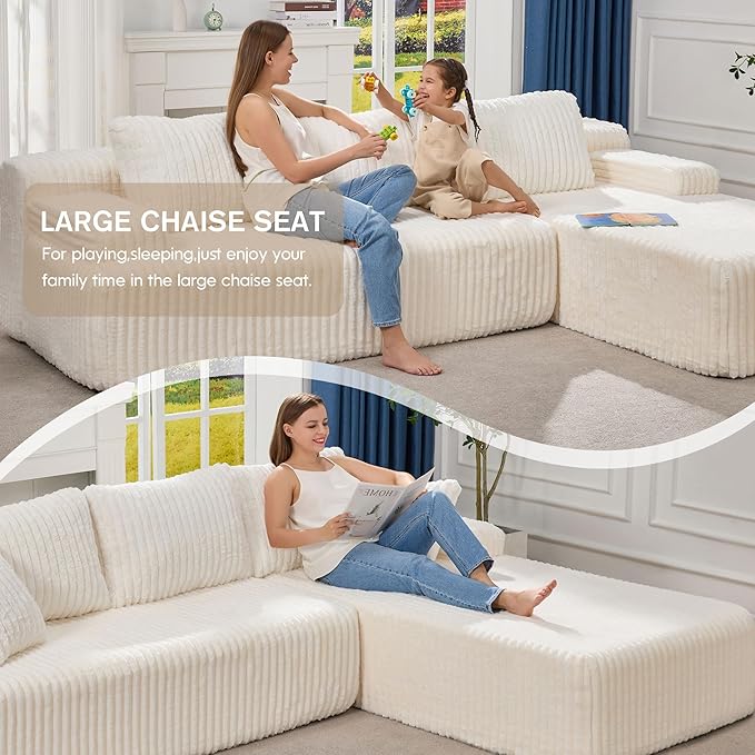 Hobestluk Modular Sectional Sofa Couches L-Shape Couch 3 Seat Modular Sofa Memory Foam Sectional Couches for Living Room, Cloud Couch with Oversized Chaise (108" Right Facing Chaise)