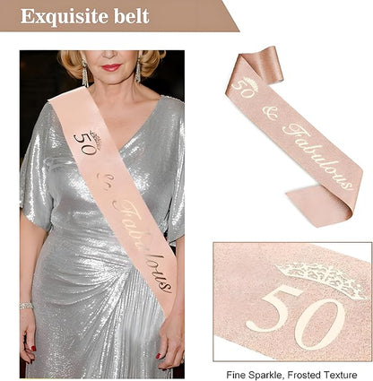 50th Birthday Decorations for Women - Rose Gold Crown Kit with Happy Birthday Banner, Foil Balloons, Backdrop, Sash & More - High - Quality, Diverse Party Items for Effortless Setup
