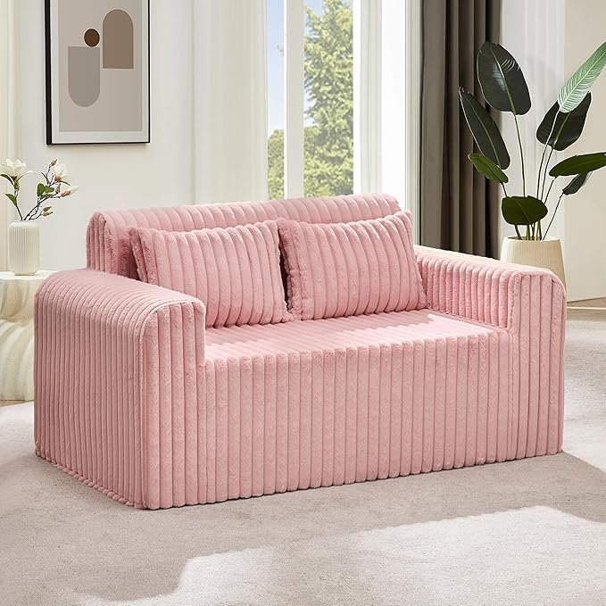Hobestluk Couch Sofa 2-Seater Foam Sofa Loveseat for Small Spaces Comfy Sofas with Removable Cover Furry Couch with Pillows for Living Room, Bedroom, Apartment, Office (Pink, Loveseat)